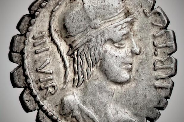 Roman coin depicting Virtus in battle helmet