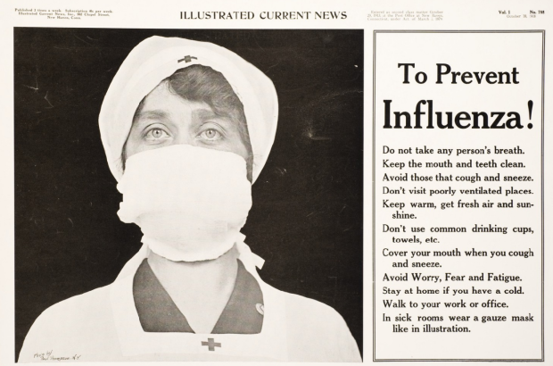 Black and white poster of a Red Cross nurse with a gauze mask over her nose and mouth. Text next to the image provides public health information "To prevent influenza!"