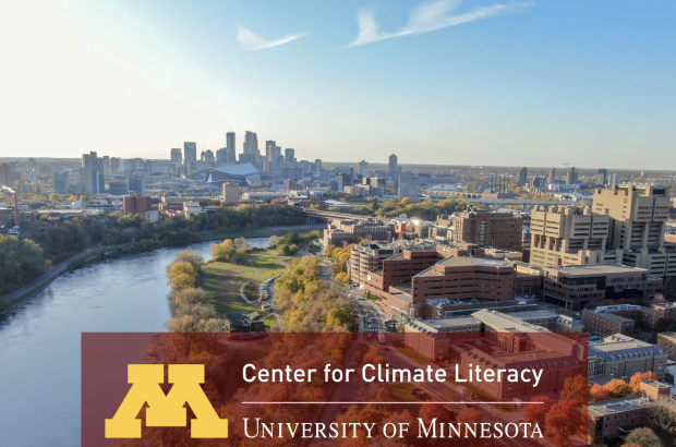 Photo of the Minneapolis skyline and a river, with text box showing the University of Minnesota name and logo, and text "Center for Climate Literacy"