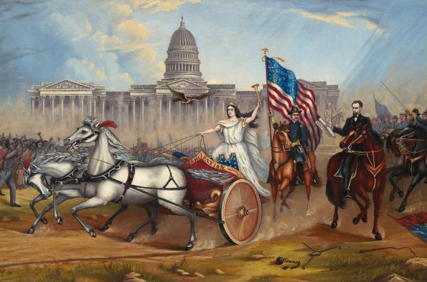 Goddess of Liberty drives a chariot pulled by two white horses. She is followed by Abraham Lincoln and Ulysses Grant, each on a horse. On either side, white soldiers and Black civilians presumed to be formerly enslaved. Capitol Rotunda in background. 