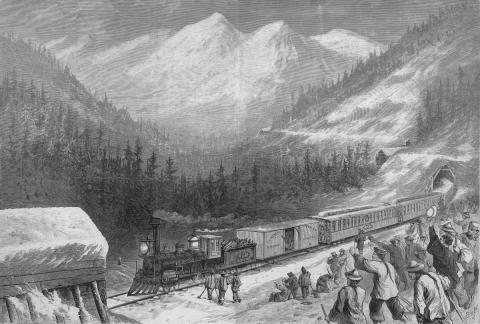 Engraving of winter scene with train and cars (C.P.R.R.) emerging from snowsheds as Chinese workers come down to greet train; snow-covered hills and mountains in distance.