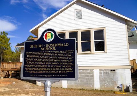 Photograph of Shiloh-Rosenwald School building and placard