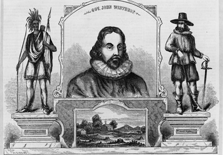 Portrait of Gov. John Winthrop, flanked by statues of a Native American (left) and a pilgrim.