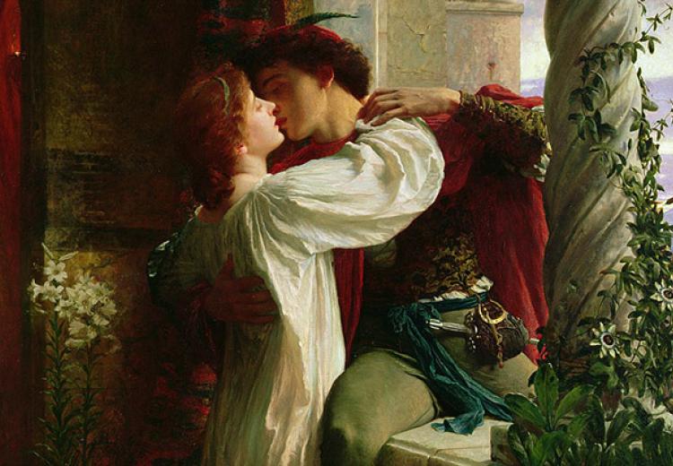 Juliet, with long red hair and in a white dress, holds Romeo in a close embrace while they kiss. Frank Bernard Dicksee in 1884
