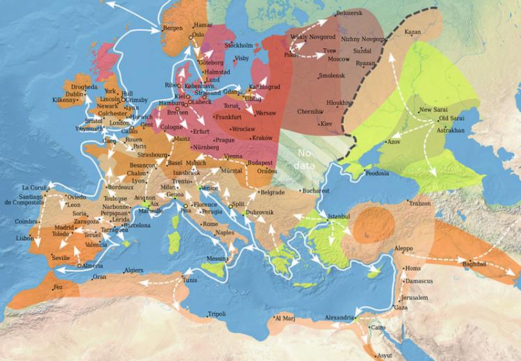 Map showing the spread of the Black Death in Europe between 1346 and 1353.