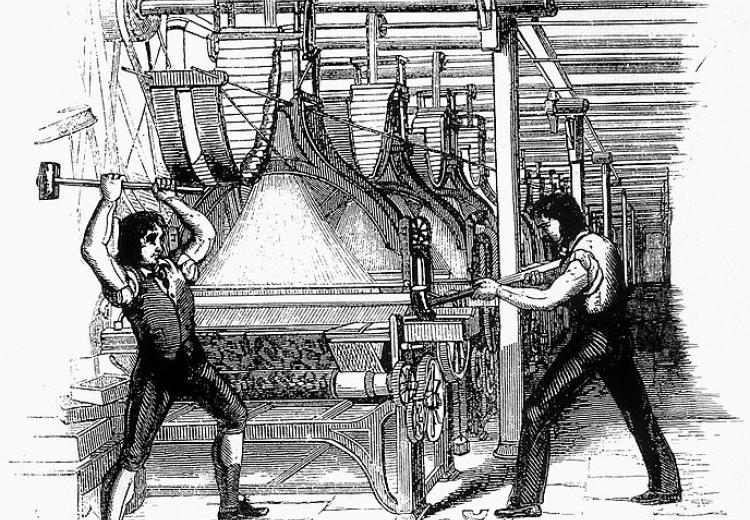 An engraving of two workers destroying a mechanized loom.