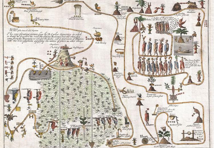 First published representation of the legendary Aztec migration from Aztlan in the northwest of Mexico, to Chapultepec Hill, currently Mexico City. Drawn by Giovanni Francesco Gemelli Careri, ca. 1704.