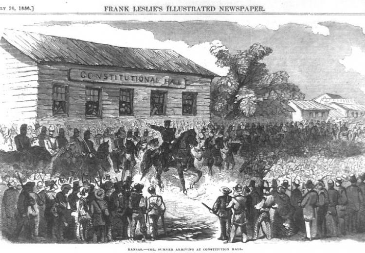 Colonel Sumner dispersing the people assembled before Constitution Hall in Topeka, Kansas.