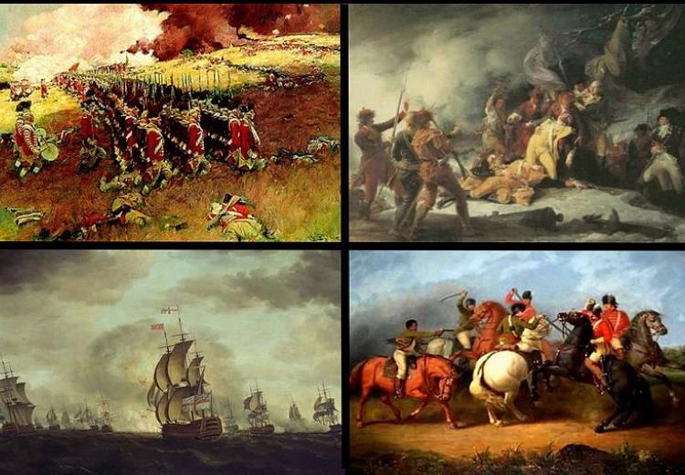 A collage of American Revolutionary War images. Clockwise from top left: Battle of Bunker Hill, Death of Montgomery at Quebec, Battle of Cowpens, "Moonlight Battle"