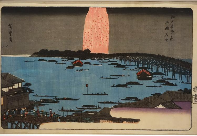 Fireworks at Ryogoku, by Utagawa Hiroshige, Japan, Edo period. Woodblock print on paper.