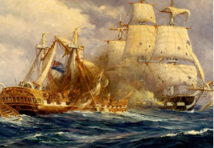 Painting by Anton Otto Fischer depicting the first victory at sea by USS Constitution over HMS Guerriere.
