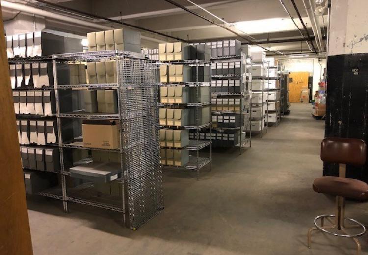 The Steamtown archival collection, shown as several rows of metal shelving holding archival boxes.