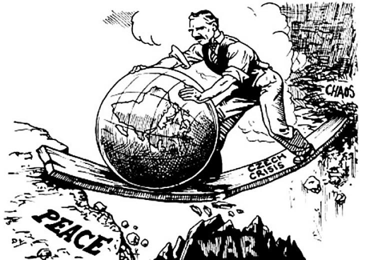 Neville Chamberlain, Prime Minister of Great Britain (1937-1940) rolls the world towards peace cartoon.