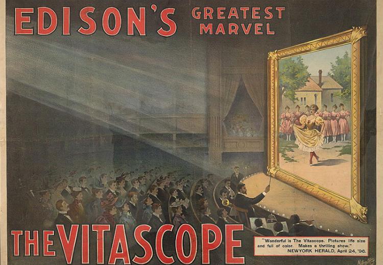 Edison's greatest marvel: The Vitascope, Color lithograph, c. 1896. 