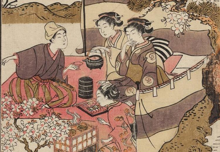 Print shows three women and a man having a small tea party beneath blossoming cherry trees.