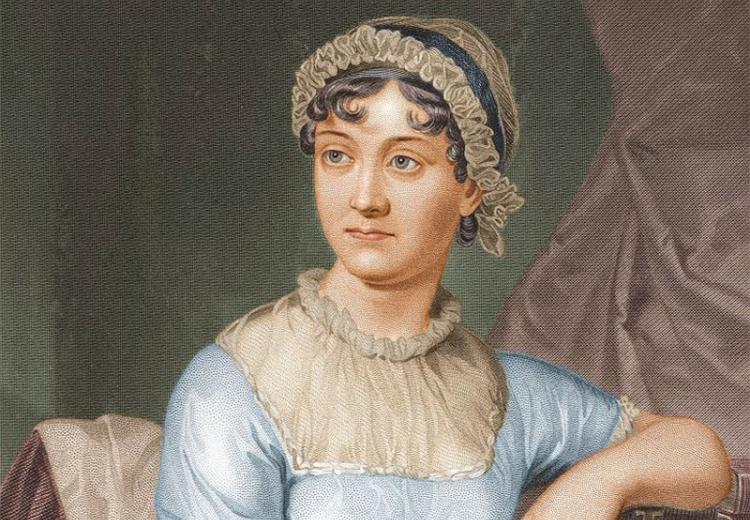 Colorized version of engraved depiction of Jane Austen.