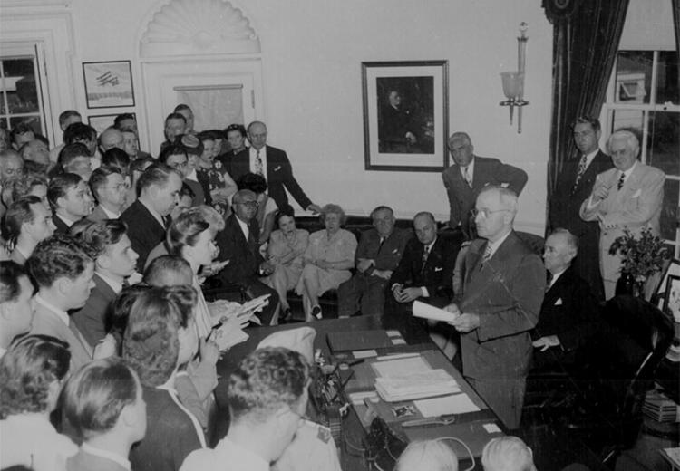 At the White House, President Truman Announces Japan's Surrender.