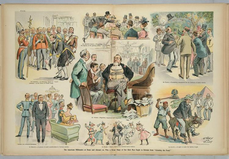 Vignette Cartoon of the American millionaire at home and abroad. He is welcomed at home, but ridiculed abroad.