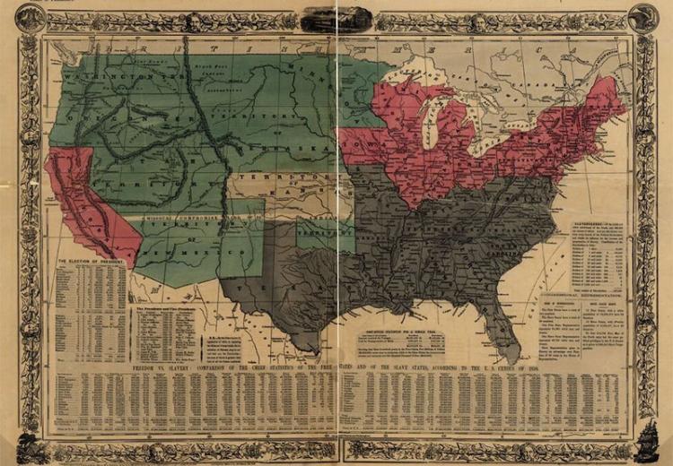 Political map of the United States, designed to exhibit the comparative area of the free and slave states and the territory open to slavery or freedom by the repeal of the Missouri Compromise.