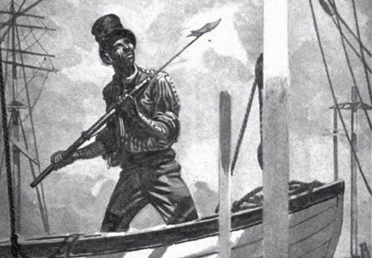 Illustration of Queequeg and his harpoon.