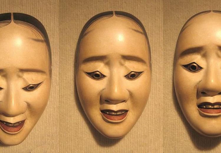 Three pictures of the same Noh "hawk mask" showing how the expression changes with a tilting of the head