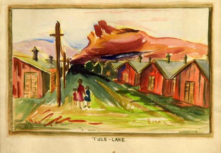 Watercolor painting depicting three figures, two children and one adult, walking towards a road lined with barracks and electrical poles. Tule Lake, 1942.