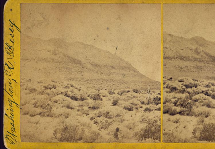 Stereograph showing sagebrush-covered desert landscape with mountain in background.